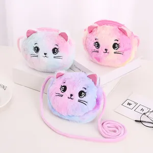 Kids Cute Plush Cat Unicorn Crossbody Bag Rainbow Gradient Furry Mini Purse For Girls Small Coin Pouch With Zipper Closure