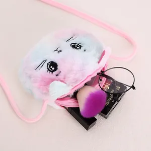 Cute pink and blue gradient plush cat crossbody bag for girls showing storage capacity