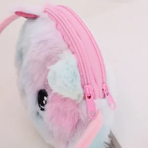 Cute round plush crossbody bag with colorful gradient fur and animal ears for girls