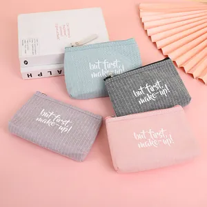 Striped Canvas Makeup Bag With But First Make-Up Print Portable Toiletry Storage Pouch For Women Girls Travel Daily Cosmetic Bag