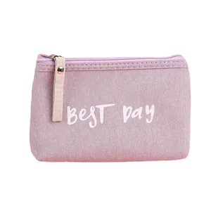 Minimalist lavender canvas coin purse with BEST DAY text and secure metal zipper