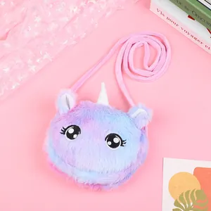 Detail shot of plush unicorn crossbody bag with pastel gradient fur and soft embroidery
