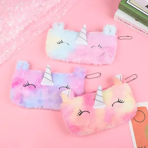 Estuche de Peluche de Unicornio Dibujos Animados Degradado Tie Dye Bolsa de Papelería para Estudiantes Estuche de Franela con Cremallera
