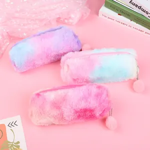Cute Plush Tie Dye Pencil Case For Girls Soft Faux Fur Stationery Bag With Pom Pom Zipper Pouch School Office Desktop Storage Organizer