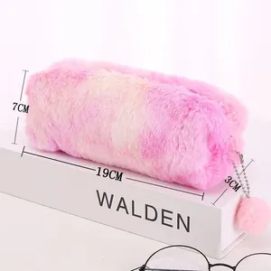 Cute gradient plush pencil case for girls featuring a pink pompom and zipper closure