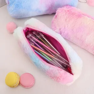 Cute rainbow plush pencil case for girls with soft faux fur and secure zipper closure
