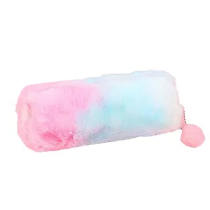 Cute macaron gradient plush pencil case for girls with a fuzzy pom-pom keychain