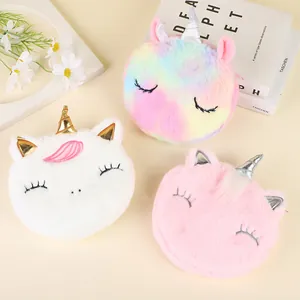 Kids Plush Unicorn Crossbody Bag Cartoon Embroidery Sequin Horn Small Round Shoulder Bag For Girls Daily Travel Bag