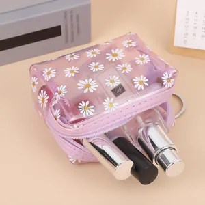 Pink transparent PVC daisy coin purse with zipper and metal ring for women
