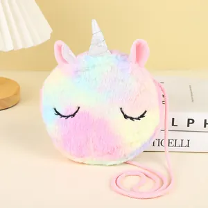 Detailed view of plush unicorn cross-body bag with macaron gradient fur and silver horn