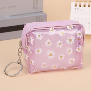 Detail of purple transparent daisy coin purse with floral pattern and silver keychain