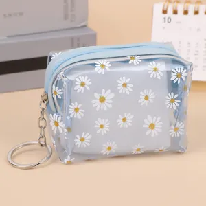 Transparent daisy PVC coin purse with blue zipper and metal keychain on a desk