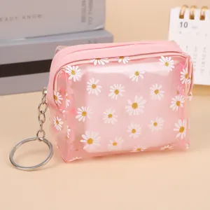 Close-up of pink daisy coin purse with clear PVC texture and metal keyring hook