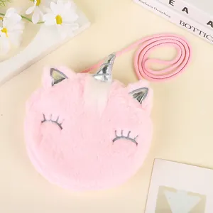 Cute pink plush unicorn shoulder bag for girls with soft fur and silver horn detail