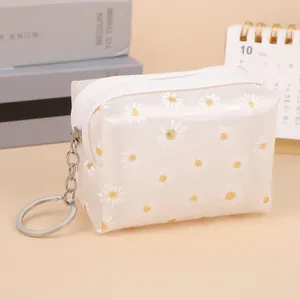 Detail of waterproof daisy print coin purse with metal zipper and key ring attachment