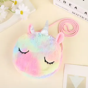 Plush unicorn crossbody bag for girls with macaron faux fur and pink woven strap