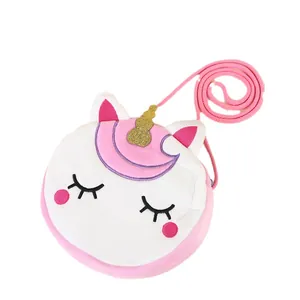 Plush unicorn crossbody bag for kids with pink embroidery and golden glitter horn