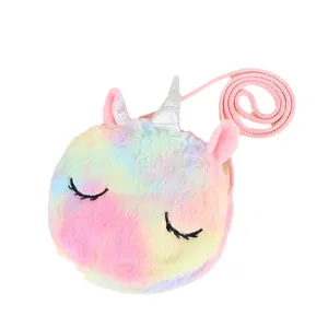 Cute plush unicorn crossbody bag for kids with rainbow macaron gradient and silver horn