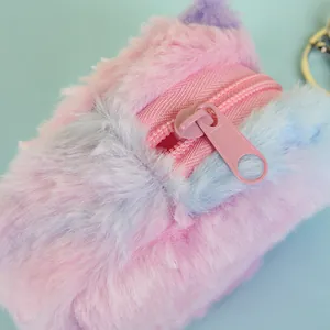 Cute tie-dye plush cat ear coin purse with pink zipper and keychain for school girls