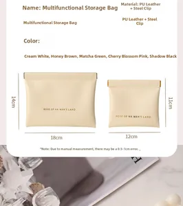 Size chart for portable PU leather coin purses showing large and small pouch dimensions