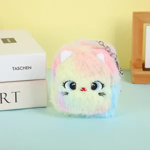 Close-up of rainbow plush cat coin purse with soft pastel colors and metal keychain hook