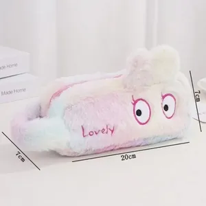 Plush macaron gradient pencil case with cute eye embroidery and 20cm handle