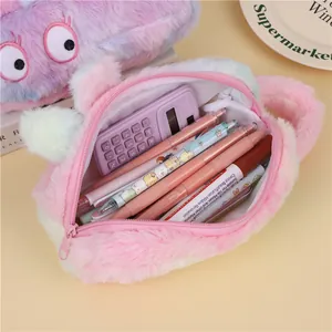 Cute plush large-capacity pencil case with gradient pink purple design and cartoon eyes