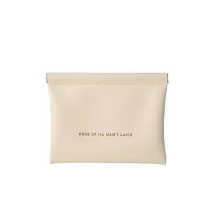 Creamy white PU leather pouch with automatic snap closure and gold printed lettering