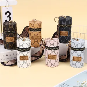 Vintage Mini Bucket Bag Lipstick Pouch PU Leather Monogram Print Coin Purse Keyring Earphone Storage Bag With Decorative Scarf