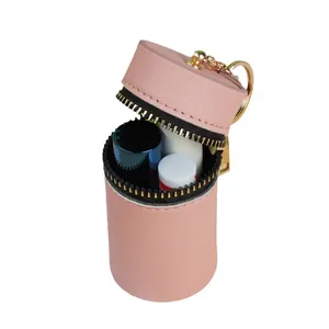 Petit porte-monnaie cylindrique en cuir PU rose avec fermeture éclair dorée et porte-clés