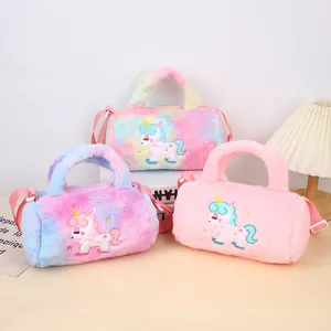 Cute Plush Unicorn Crossbody Bag For Kids Girls Faux Fur Cylindrical Handbag With Adjustable Strap Daily Accessories Gift