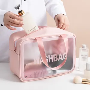 Pink waterproof PU and PVC wash bag with double handles and Washbag lettering