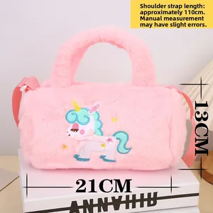 Pink plush unicorn shoulder bag for kids with colorful embroidery and 110cm strap
