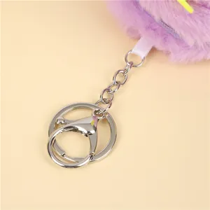 Detail of silver metal lobster clasp and ring attached to purple plush monster coin purse