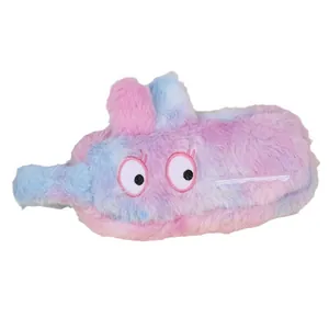 Cute plush pencil case with pink and blue gradient fur and embroidered cartoon eyes design