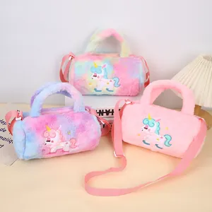Detail of plush unicorn crossbody bag featuring colorful faux fur and cute embroidery