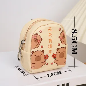 Detail view of mini capybara coin purse with dimensions 8.5x7.5cm and zipper closure