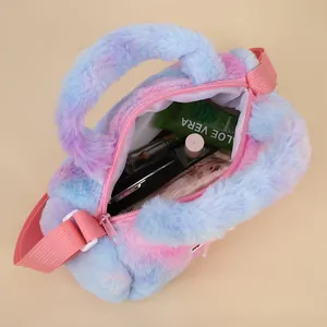 Plush unicorn themed crossbody bag with tie-dye pattern and spacious interior storage