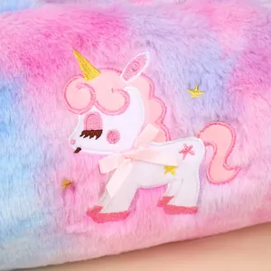 Rainbow gradient plush unicorn shoulder bag with soft fur and embroidery star details