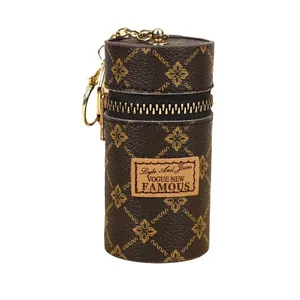 Retro print mini bucket coin purse with gold zipper and keychain for lipsticks and keys