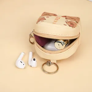 Waterproof Capybara mini leather coin purse with zipper and metal keychain holder