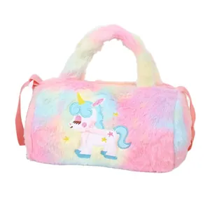 Rainbow plush unicorn handbag with gradient fur and crossbody strap for children