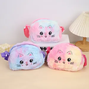 Sac Bandoulière Mignon en Peluche Tie-Dye Forme Chat pour Enfants Sac à Épaule Demi-cercle Souple avec Broderie Dessin Animé