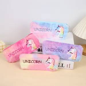 Plush Unicorn Pencil Case Tie Dye Gradient Stationery Bag For Kids Girls Soft Fur Makeup Storage Pouch School Office Supplies