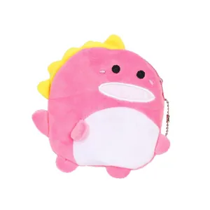 Pink plush dinosaur coin purse with silver ball chain and cute embroidery details
