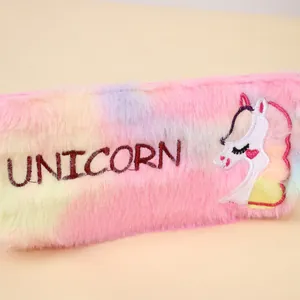Plush gradient tie-dye unicorn pencil case with soft faux fur and embroidered details