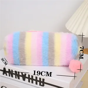 Detail view of the 19cm rainbow plush pencil case with dimensions and pink pompom