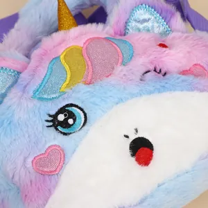 Cute unicorn plush shoulder bag for kids with colorful sequins and soft faux fur