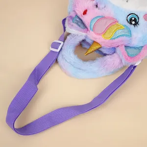Plush unicorn crossbody bag for kids with colorful pastel fur and adjustable strap