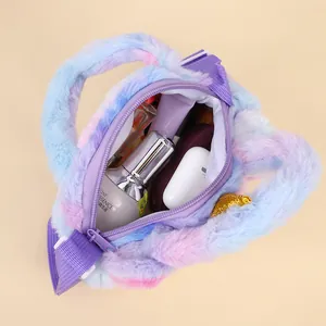 Colorful plush unicorn shoulder bag with large capacity for kids featuring soft faux fur